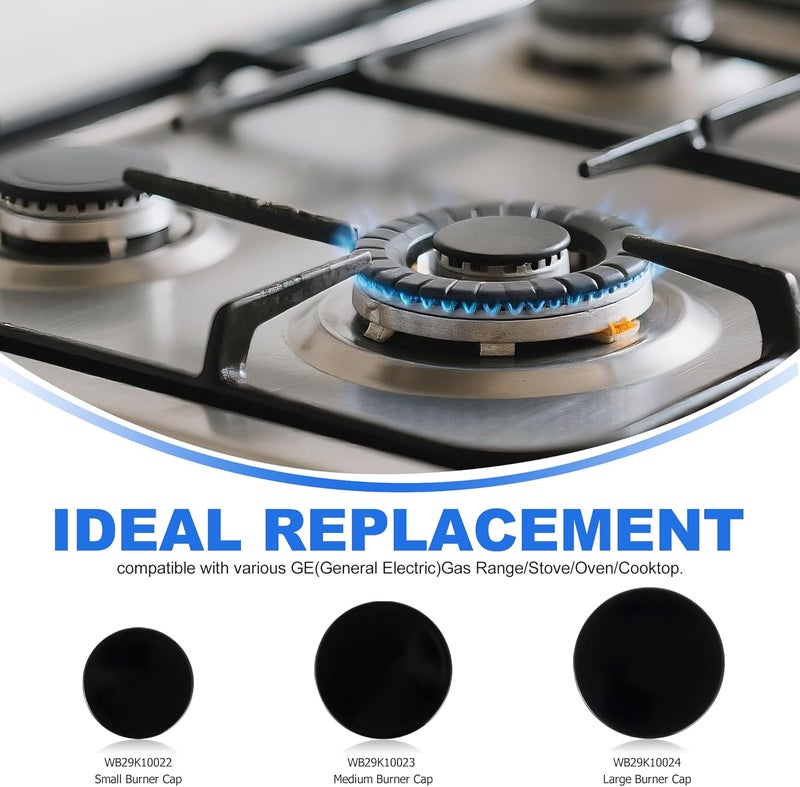 senkap Upgraded Surface Burner Caps Set Replacement for GE Gas Range/Stove/Oven,wb29k10009-1 Small Cap-2.6 inches wb29k10001-1 Medium Caps-3.2 inches wb29k10006-1 Large Cap-3.5 inches,Shiny Black (3Pcs) - Image 2